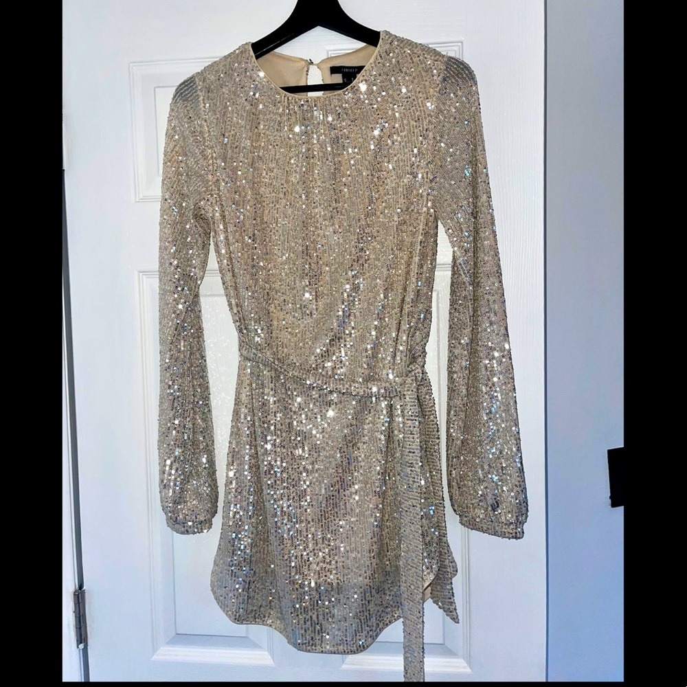 Forever 21 Silver Sequin Nude Mesh Mini Dress